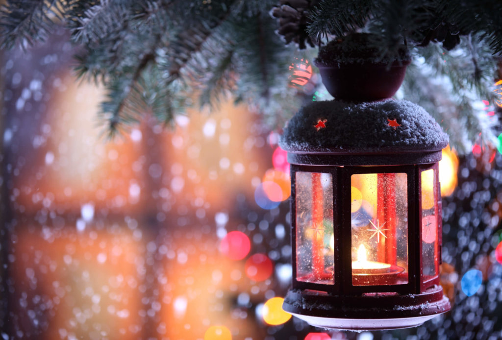 Christmas lantern with snowfall,Closeup.